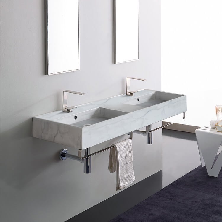 Scarabeo 5116-F-TB-Two Hole Marble Design Ceramic Wall Mounted Double Sink With Polished Chrome Towel Holder